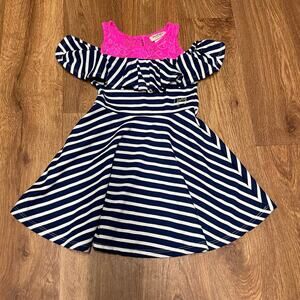 Juicy Couture Girls Cold Shoulder Pink Lace Blue White Striped Dress Size 4T